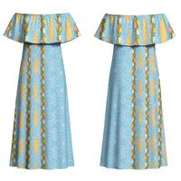 Hawaii Shell Tiare Anthurium Heliconia Lei Family Matching Off Shoulder Maxi Dress and Hawaiian Shirt With Tapa Pattern Baby Blue LT05 Mom's Dress Blue - Polynesian Pride