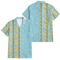 Hawaii Shell Tiare Anthurium Heliconia Lei Family Matching Off Shoulder Maxi Dress and Hawaiian Shirt With Tapa Pattern Baby Blue LT05 Dad's Shirt - Short Sleeve Blue - Polynesian Pride