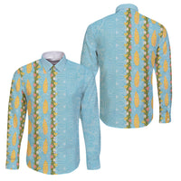 Hawaii Shell Tiare Anthurium Heliconia Lei Family Matching Off Shoulder Maxi Dress and Hawaiian Shirt With Tapa Pattern Baby Blue LT05 Dad's Shirt - Long Sleeve Blue - Polynesian Pride
