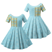 Hawaii Shell Tiare Anthurium Heliconia Lei Family Matching Off Shoulder Maxi Dress and Hawaiian Shirt With Tapa Pattern Baby Blue LT05 Daughter's Dress Blue - Polynesian Pride