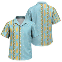 Hawaii Shell Tiare Anthurium Heliconia Lei Family Matching Off Shoulder Maxi Dress and Hawaiian Shirt With Tapa Pattern Baby Blue LT05 Son's Shirt Blue - Polynesian Pride