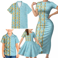 Hawaii Shell Tiare Anthurium Heliconia Lei Family Matching Short Sleeve Bodycon Dress and Hawaiian Shirt With Tapa Pattern Baby Blue LT05 - Polynesian Pride