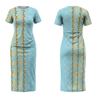 Hawaii Shell Tiare Anthurium Heliconia Lei Family Matching Short Sleeve Bodycon Dress and Hawaiian Shirt With Tapa Pattern Baby Blue LT05 Mom's Dress Blue - Polynesian Pride