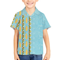 Hawaii Shell Tiare Anthurium Heliconia Lei Family Matching Short Sleeve Bodycon Dress and Hawaiian Shirt With Tapa Pattern Baby Blue
