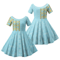 Hawaii Shell Tiare Anthurium Heliconia Lei Family Matching Summer Maxi Dress and Hawaiian Shirt With Tapa Pattern Baby Blue LT05 Daughter's Dress Blue - Polynesian Pride
