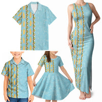 Hawaii Shell Tiare Anthurium Heliconia Lei Family Matching Tank Maxi Dress and Hawaiian Shirt With Tapa Pattern Baby Blue LT05 - Polynesian Pride