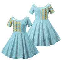 Hawaii Shell Tiare Anthurium Heliconia Lei Family Matching Tank Maxi Dress and Hawaiian Shirt With Tapa Pattern Baby Blue LT05 Daughter's Dress Blue - Polynesian Pride