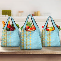 Hawaii Shell Tiare Anthurium Heliconia Lei Grocery Bag With Tapa Pattern Baby Blue