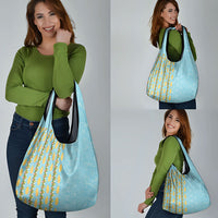 Hawaii Shell Tiare Anthurium Heliconia Lei Grocery Bag With Tapa Pattern Baby Blue