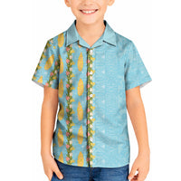 Hawaii Shell Tiare Anthurium Heliconia Lei Kid Hawaiian Shirt With Tapa Pattern Baby Blue LT05 Kid Blue - Polynesian Pride