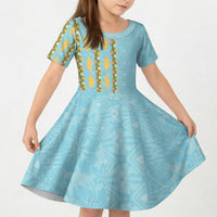 Hawaii Shell Tiare Anthurium Heliconia Lei Kid Short Sleeve Dress With Tapa Pattern Baby Blue LT05 KID Blue - Polynesian Pride