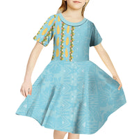 Hawaii Shell Tiare Anthurium Heliconia Lei Kid Short Sleeve Dress With Tapa Pattern Baby Blue