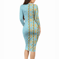 Hawaii Shell Tiare Anthurium Heliconia Lei Long Sleeve Bodycon Dress With Tapa Pattern Baby Blue LT05 - Polynesian Pride