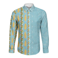 Hawaii Shell Tiare Anthurium Heliconia Lei Long Sleeve Button Shirt With Tapa Pattern Baby Blue LT05 Unisex Blue - Polynesian Pride