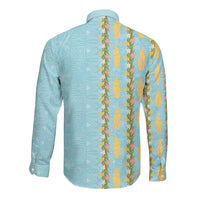 Hawaii Shell Tiare Anthurium Heliconia Lei Long Sleeve Button Shirt With Tapa Pattern Baby Blue LT05 - Polynesian Pride