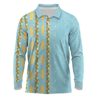 Hawaii Shell Tiare Anthurium Heliconia Lei Long Sleeve Polo Shirt With Tapa Pattern Baby Blue