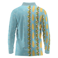 Hawaii Shell Tiare Anthurium Heliconia Lei Long Sleeve Polo Shirt With Tapa Pattern Baby Blue