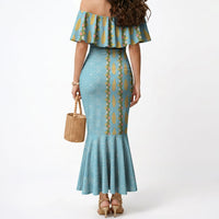 Hawaii Shell Tiare Anthurium Heliconia Lei Mermaid Dress With Tapa Pattern Baby Blue LT05 - Polynesian Pride