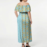 Hawaii Shell Tiare Anthurium Heliconia Lei Off Shoulder Maxi Dress With Tapa Pattern Baby Blue LT05 - Polynesian Pride
