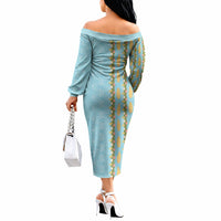 Hawaii Shell Tiare Anthurium Heliconia Lei Off The Shoulder Long Sleeve Dress With Tapa Pattern Baby Blue LT05 - Polynesian Pride