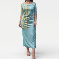 Hawaii Shell Tiare Anthurium Heliconia Lei Puletasi With Tapa Pattern Baby Blue LT05 Long Dress Blue - Polynesian Pride