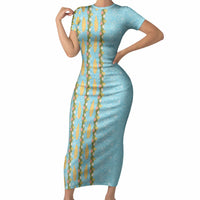 Hawaii Shell Tiare Anthurium Heliconia Lei Short Sleeve Bodycon Dress With Tapa Pattern Baby Blue LT05 Long Dress Blue - Polynesian Pride