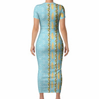 Hawaii Shell Tiare Anthurium Heliconia Lei Short Sleeve Bodycon Dress With Tapa Pattern Baby Blue LT05 - Polynesian Pride