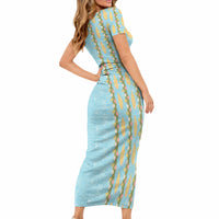 Hawaii Shell Tiare Anthurium Heliconia Lei Short Sleeve Bodycon Dress With Tapa Pattern Baby Blue LT05 - Polynesian Pride