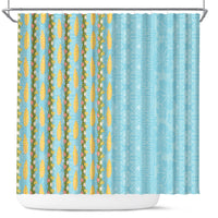 Hawaii Shell Tiare Anthurium Heliconia Lei Shower Curtain With Tapa Pattern Baby Blue