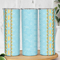 Hawaii Shell Tiare Anthurium Heliconia Lei Skinny Tumbler With Tapa Pattern Baby Blue