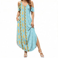 Hawaii Shell Tiare Anthurium Heliconia Lei Summer Maxi Dress With Tapa Pattern Baby Blue LT05 Women Blue - Polynesian Pride