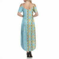 Hawaii Shell Tiare Anthurium Heliconia Lei Summer Maxi Dress With Tapa Pattern Baby Blue LT05 - Polynesian Pride
