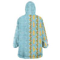Hawaii Shell Tiare Anthurium Heliconia Lei Wearable Blanket Hoodie With Tapa Pattern Baby Blue