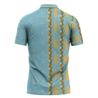 Hawaii Shell Tiare Anthurium Heliconia Lei Zipper Polo Shirt With Tapa Pattern Baby Blue LT05 - Polynesian Pride