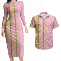 Hawaii Shell Tiare Anthurium Heliconia Lei Couples Matching Long Sleeve Bodycon Dress and Hawaiian Shirt With Tapa Pattern Baby Pink LT05 Pink - Polynesian Pride