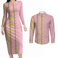 Hawaii Shell Tiare Anthurium Heliconia Lei Couples Matching Long Sleeve Bodycon Dress and Long Sleeve Button Shirt With Tapa Pattern Baby Pink LT05 Pink - Polynesian Pride