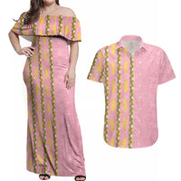 Hawaii Shell Tiare Anthurium Heliconia Lei Couples Matching Off Shoulder Maxi Dress and Hawaiian Shirt With Tapa Pattern Baby Pink