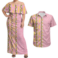 Hawaii Shell Tiare Anthurium Heliconia Lei Couples Matching Off Shoulder Maxi Dress and Hawaiian Shirt With Tapa Pattern Baby Pink LT05 Pink - Polynesian Pride