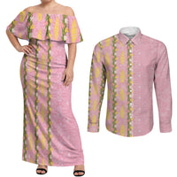 Hawaii Shell Tiare Anthurium Heliconia Lei Couples Matching Off Shoulder Maxi Dress and Long Sleeve Button Shirt With Tapa Pattern Baby Pink LT05 Pink - Polynesian Pride