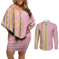 Hawaii Shell Tiare Anthurium Heliconia Lei Couples Matching Off Shoulder Short Dress and Long Sleeve Button Shirt With Tapa Pattern Baby Pink LT05 Pink - Polynesian Pride