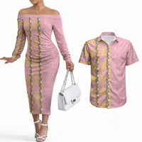 Hawaii Shell Tiare Anthurium Heliconia Lei Couples Matching Off The Shoulder Long Sleeve Dress and Hawaiian Shirt With Tapa Pattern Baby Pink LT05 Pink - Polynesian Pride