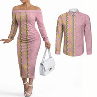 Hawaii Shell Tiare Anthurium Heliconia Lei Couples Matching Off The Shoulder Long Sleeve Dress and Long Sleeve Button Shirt With Tapa Pattern Baby Pink LT05 Pink - Polynesian Pride