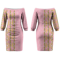 Hawaii Shell Tiare Anthurium Heliconia Lei Couples Matching Off The Shoulder Long Sleeve Dress and Long Sleeve Button Shirt With Tapa Pattern Baby Pink LT05 - Polynesian Pride