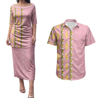Hawaii Shell Tiare Anthurium Heliconia Lei Couples Matching Puletasi and Hawaiian Shirt With Tapa Pattern Baby Pink LT05 Pink - Polynesian Pride
