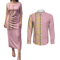Hawaii Shell Tiare Anthurium Heliconia Lei Couples Matching Puletasi and Long Sleeve Button Shirt With Tapa Pattern Baby Pink LT05 Pink - Polynesian Pride