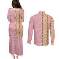 Hawaii Shell Tiare Anthurium Heliconia Lei Couples Matching Puletasi and Long Sleeve Button Shirt With Tapa Pattern Baby Pink