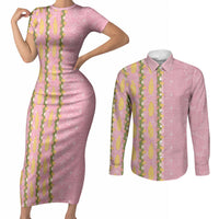 Hawaii Shell Tiare Anthurium Heliconia Lei Couples Matching Short Sleeve Bodycon Dress and Long Sleeve Button Shirt With Tapa Pattern Baby Pink LT05 Pink - Polynesian Pride