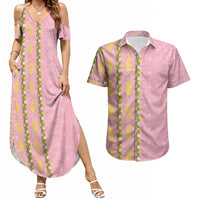 Hawaii Shell Tiare Anthurium Heliconia Lei Couples Matching Summer Maxi Dress and Hawaiian Shirt With Tapa Pattern Baby Pink LT05 Pink - Polynesian Pride