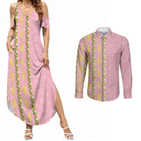 Hawaii Shell Tiare Anthurium Heliconia Lei Couples Matching Summer Maxi Dress and Long Sleeve Button Shirt With Tapa Pattern Baby Pink LT05 Pink - Polynesian Pride