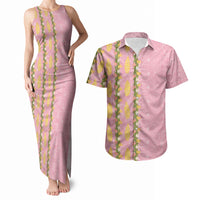 Hawaii Shell Tiare Anthurium Heliconia Lei Couples Matching Tank Maxi Dress and Hawaiian Shirt With Tapa Pattern Baby Pink LT05 Pink - Polynesian Pride